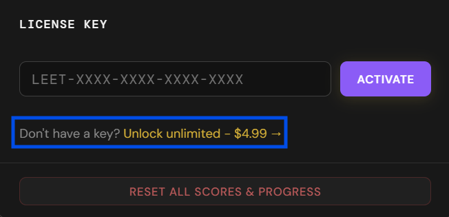 Screenshot of LeetChess extension highlighting the settings icon and the Unlock link